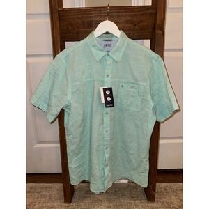 IZOD Saltwater Mens Short Sleeve Button Up Shirt Teal Stripe Size L MSRP 60